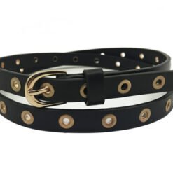 Womens Fashion Black Leather Belt With Gold Buckle