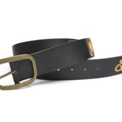 Womens Black Leather Embroidary Belt With Gold Buckle