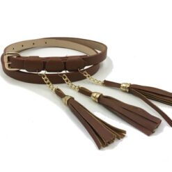 Womens Brown Leather Chain Belt With Gold Buckle