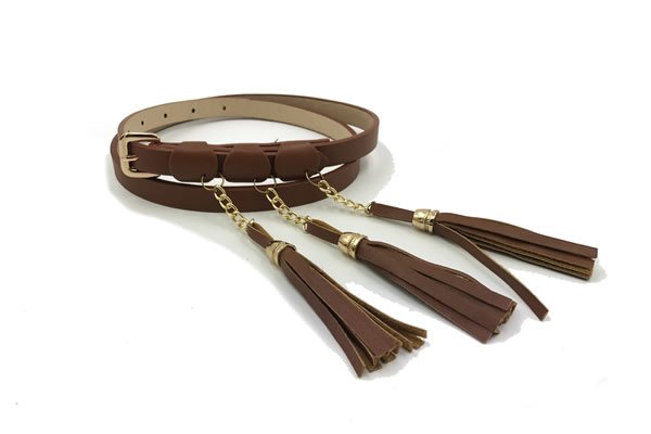 Womens Brown Leather Chain Belt With Gold Buckle