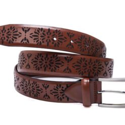 Mens Fashion Brown Lazer Technique Leather Belt With Buckle
