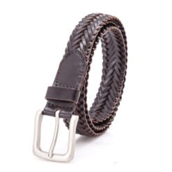 Mens Brown Leather Braided Belt with Pin Buckle