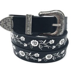 Black Dress Leather Belt With Embossed Mental Buckle And Fashion Embroidery