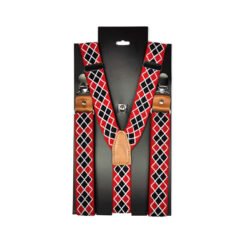 Unisex Stretch Elastic Red Checkered Mens Leather Suspenders